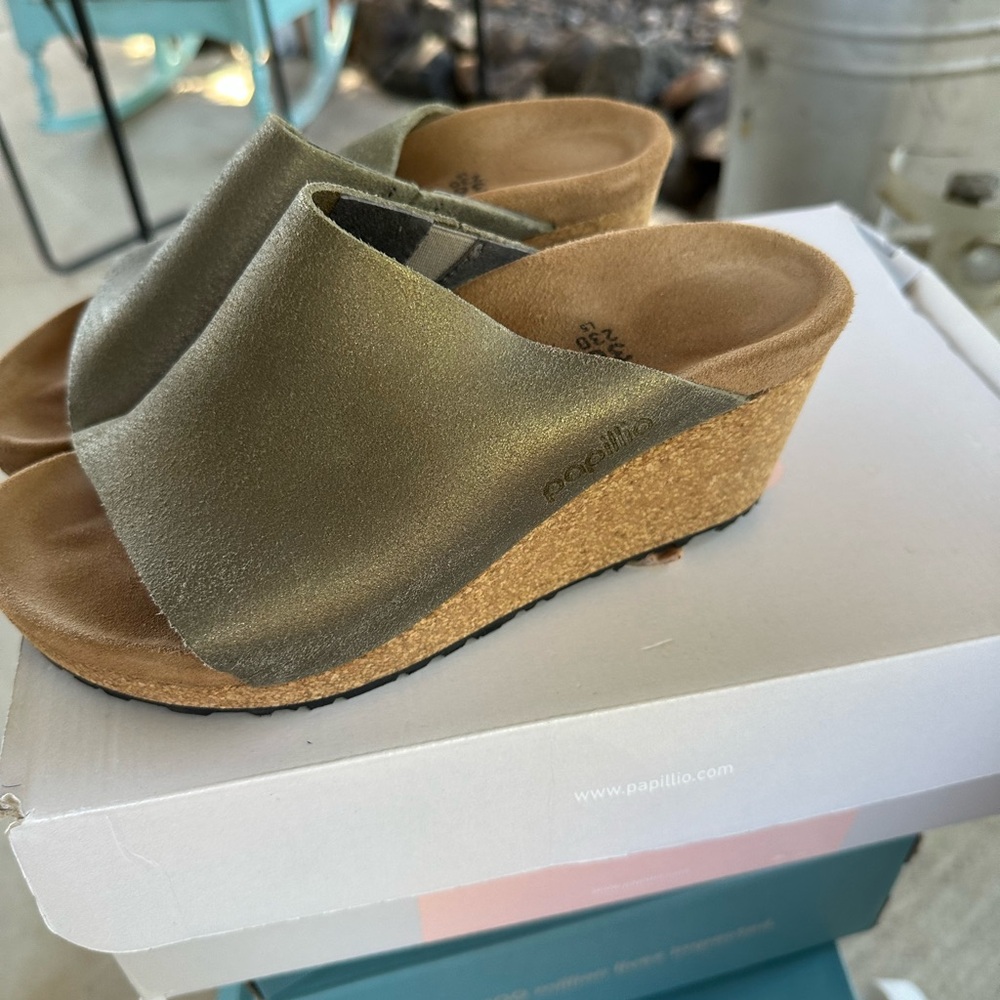 Papillio metallic Green Wedge Sandals with Cork Heel